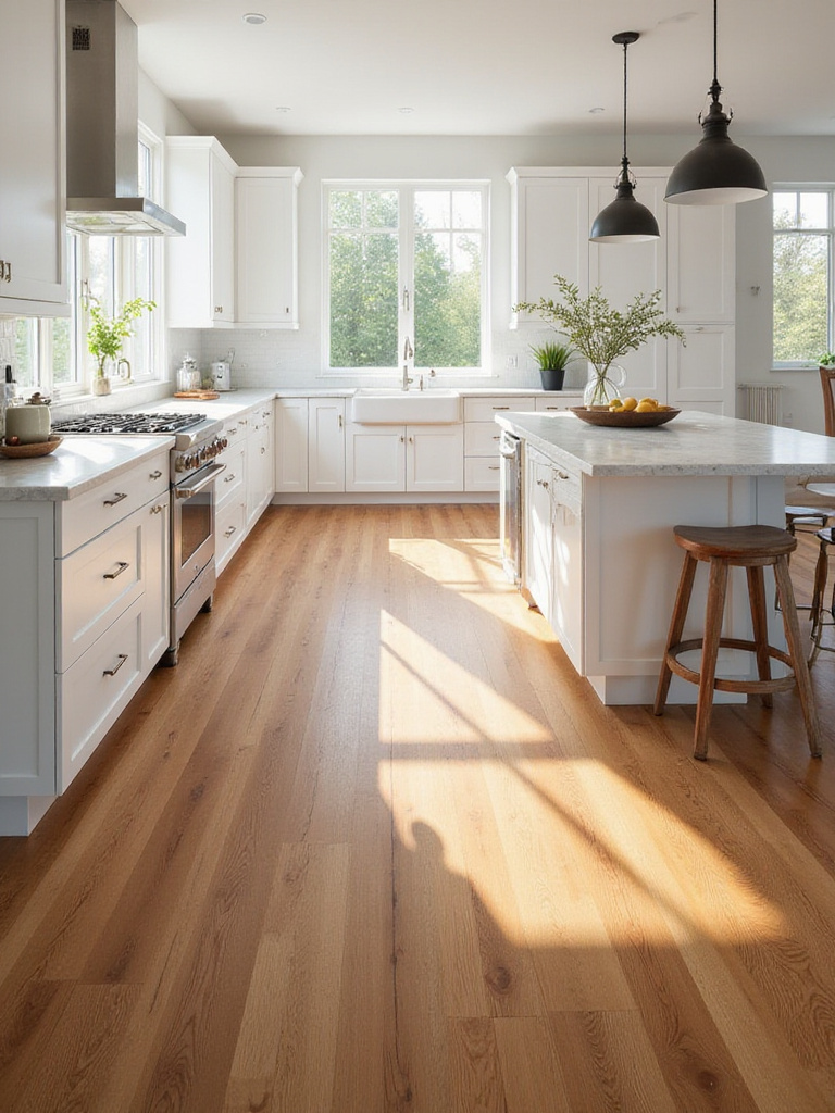 Luxury kitchen with elegant hardwood flooring