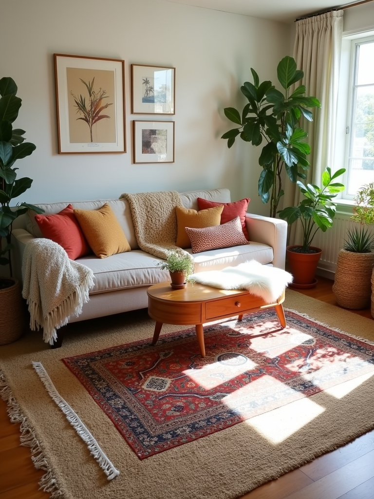 Boho living room with layered rugs: jute base, Persian accent, and sheepskin detail.