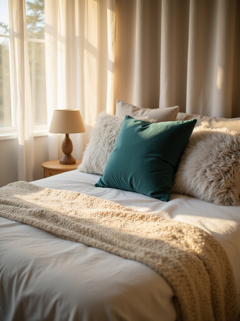 Cozy bedroom with layered plush textures, including a chunky knit blanket, faux fur pillow, and velvet pillow.