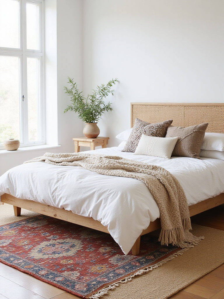 Boho bedroom with layered rugs, textured pillows, and cozy throw blanket