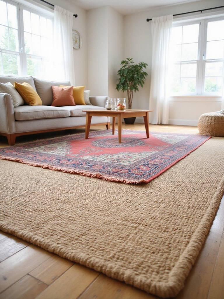 Living room with layered rugs: a jute rug topped with a Persian rug, showcasing texture and color contrast.