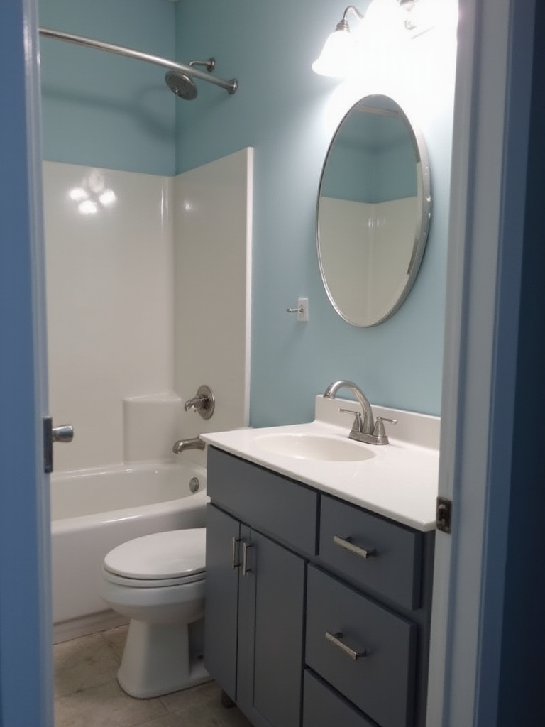 Bathroom renovation showcasing a new vanity and mirror within the existing layout to save on plumbing costs.