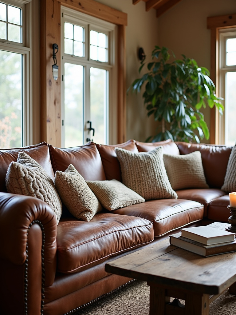Rustic living room with distressed leather sectional sofa and natural wood accents.