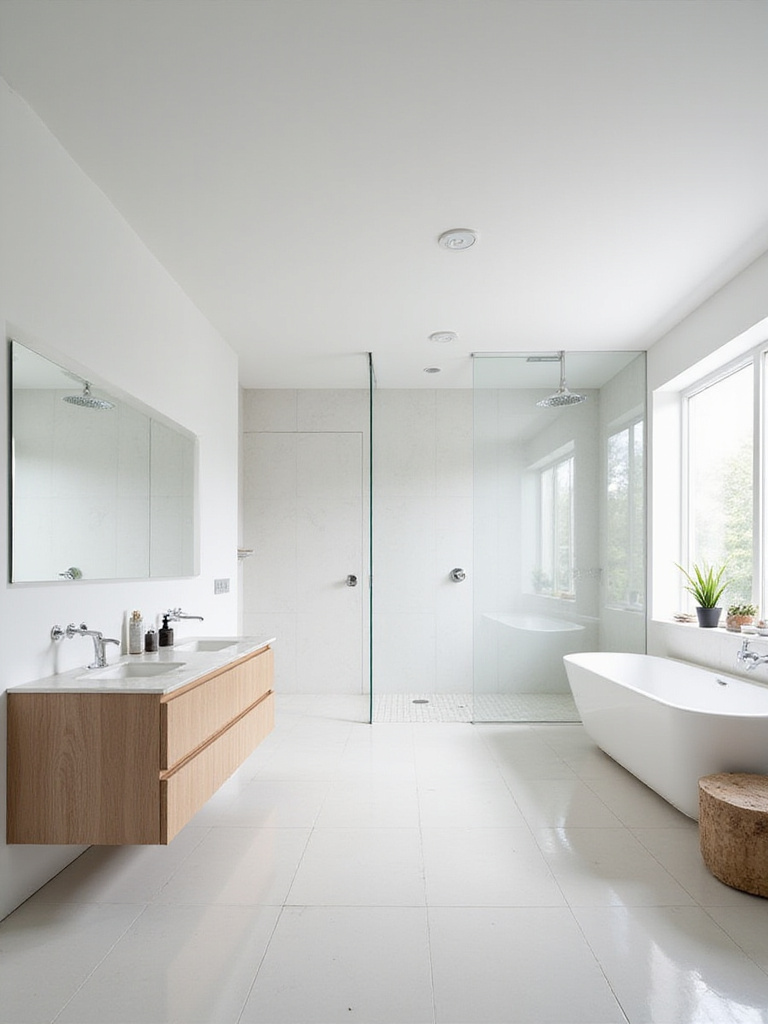 Minimalist bathroom design with white and gray color scheme, floating vanity, and frameless shower.