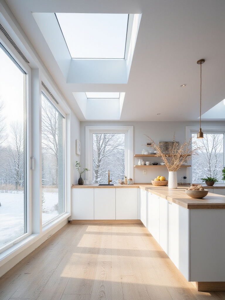 Bright Scandinavian kitchen with large windows and skylights, maximizing natural light.