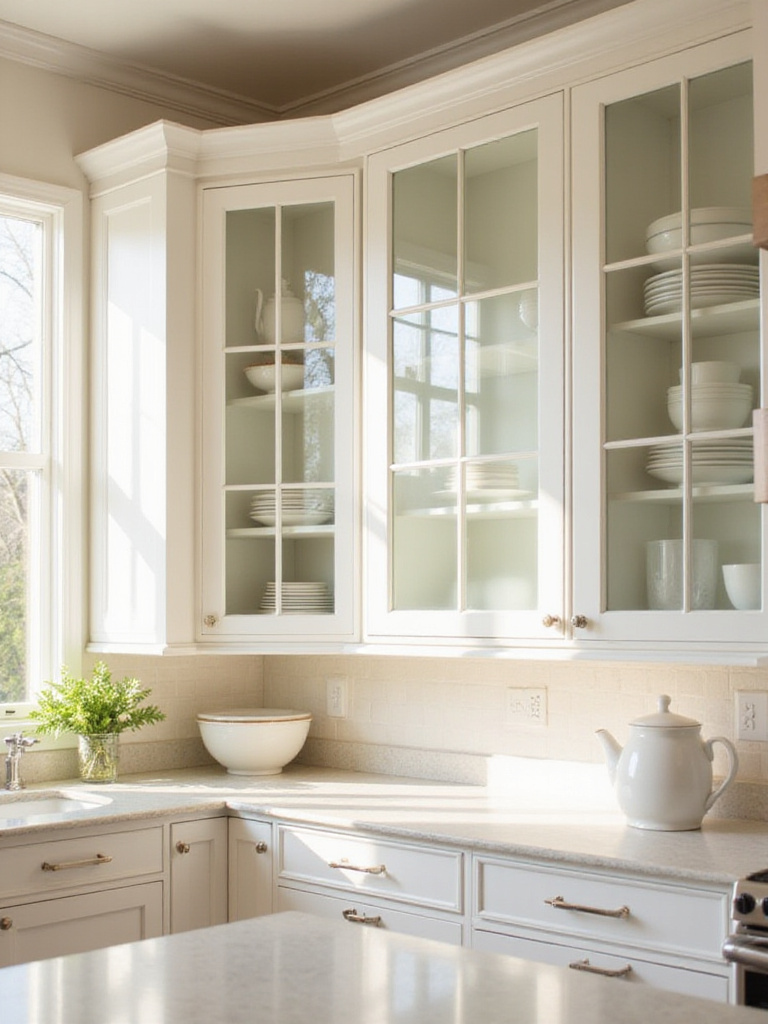 Kitchen with white cabinets and frosted glass inserts