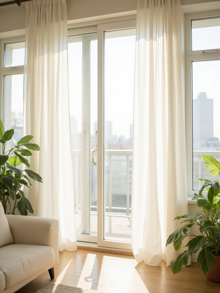 Bright apartment living room with white sheer curtains letting in natural light.