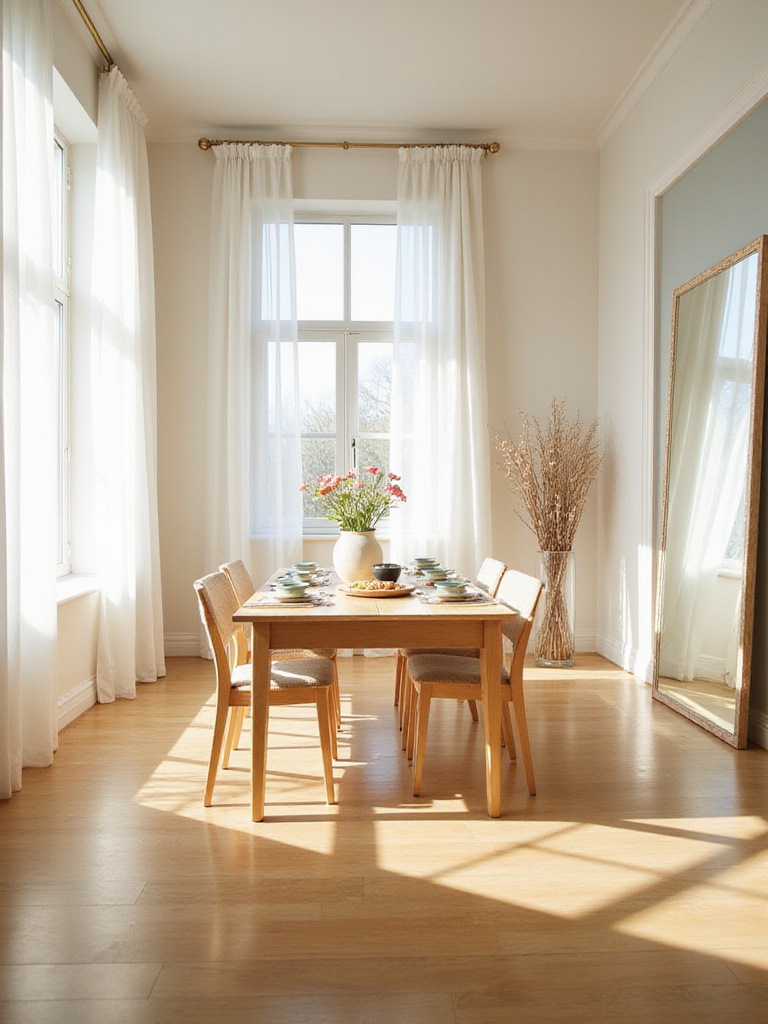 Bright and airy dining room filled with natural light, featuring large windows, sheer curtains, and a reflective mirror.