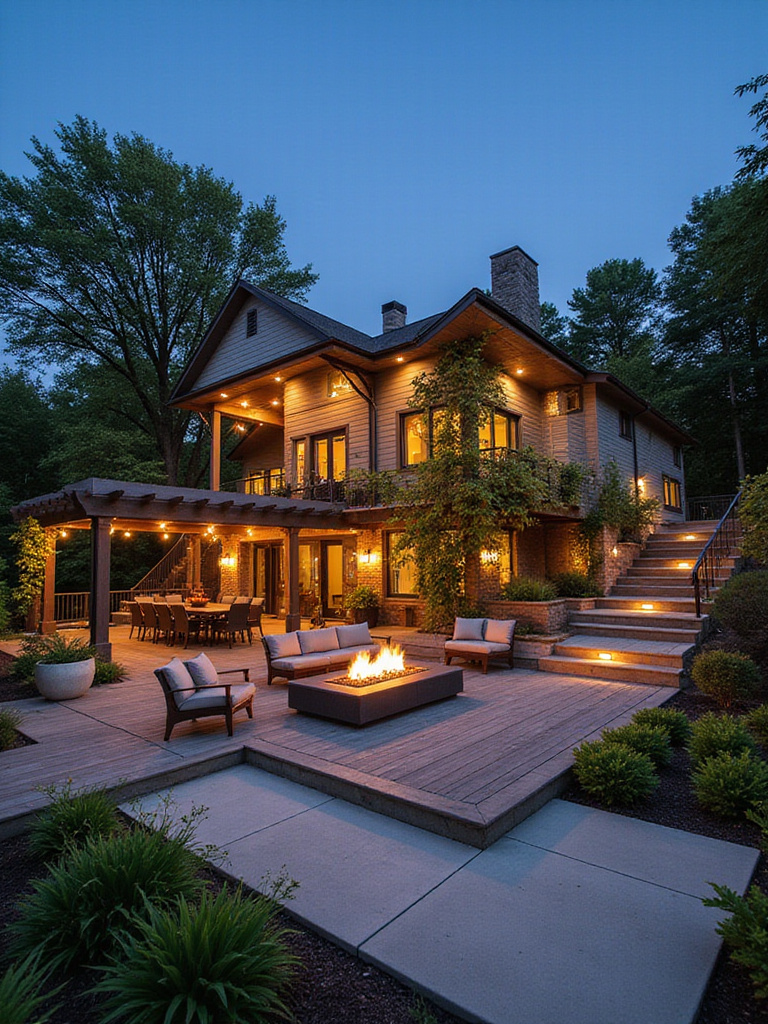 Multi-level deck with dining and lounge areas built into a hillside.