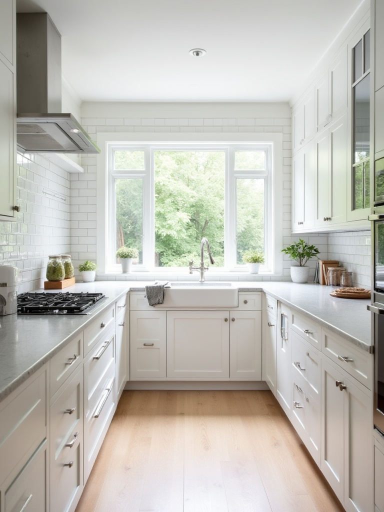 White kitchen cabinets with light gray quartz countertops and white subway tile backsplash.