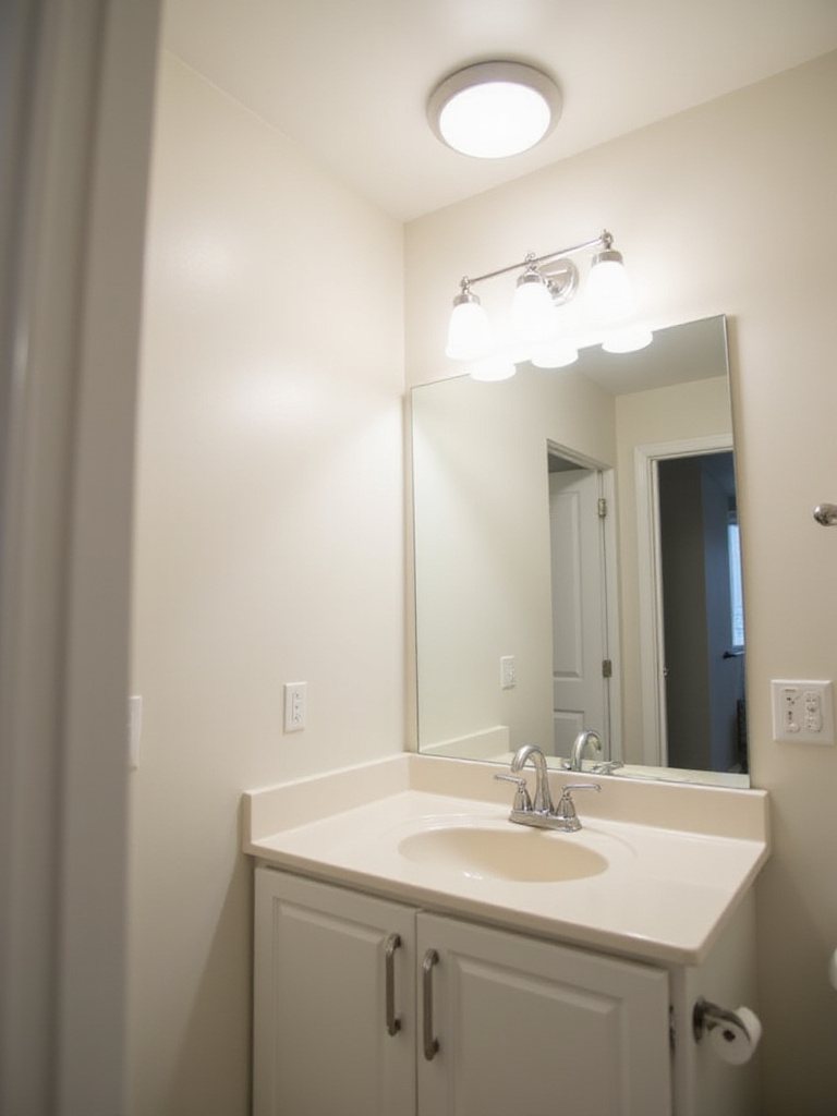 Affordable bathroom lighting with LED vanity light and flush mount ceiling light.