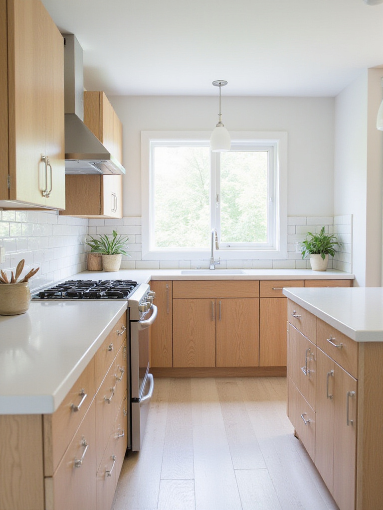 Light oak cabinets in a bright and airy Scandinavian kitchen.