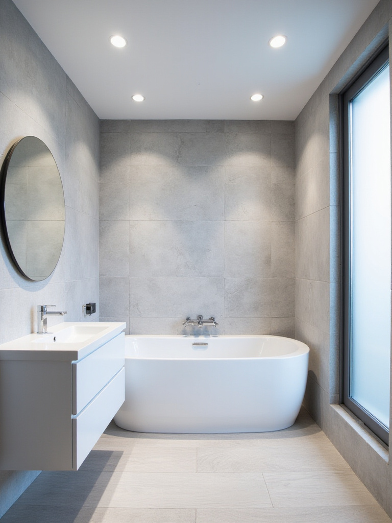 Small bathroom with recessed LED lighting providing bright and even illumination.