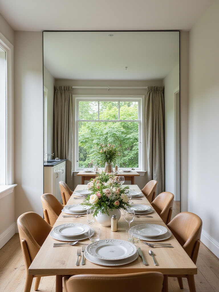 Dining room with a large mirror reflecting natural light and a garden view.