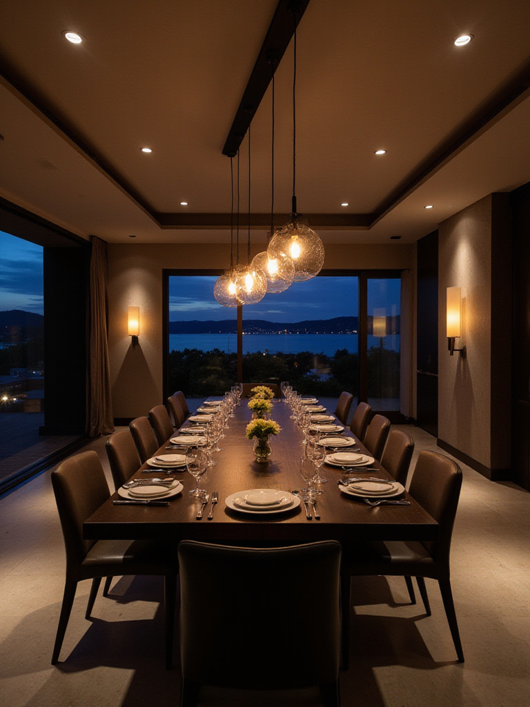 Elegant dining room with linear suspension lighting above a set dining table.