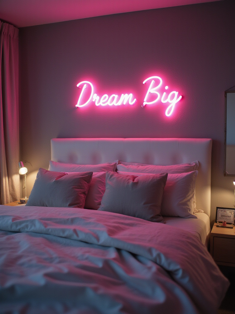 Modern bedroom with a pink 'Dream Big' neon sign above the bed.