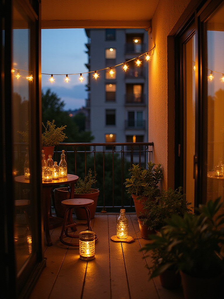 Balcony illuminated with upcycled lighting: mason jar string lights, wine bottle lanterns, and tin can luminaries.