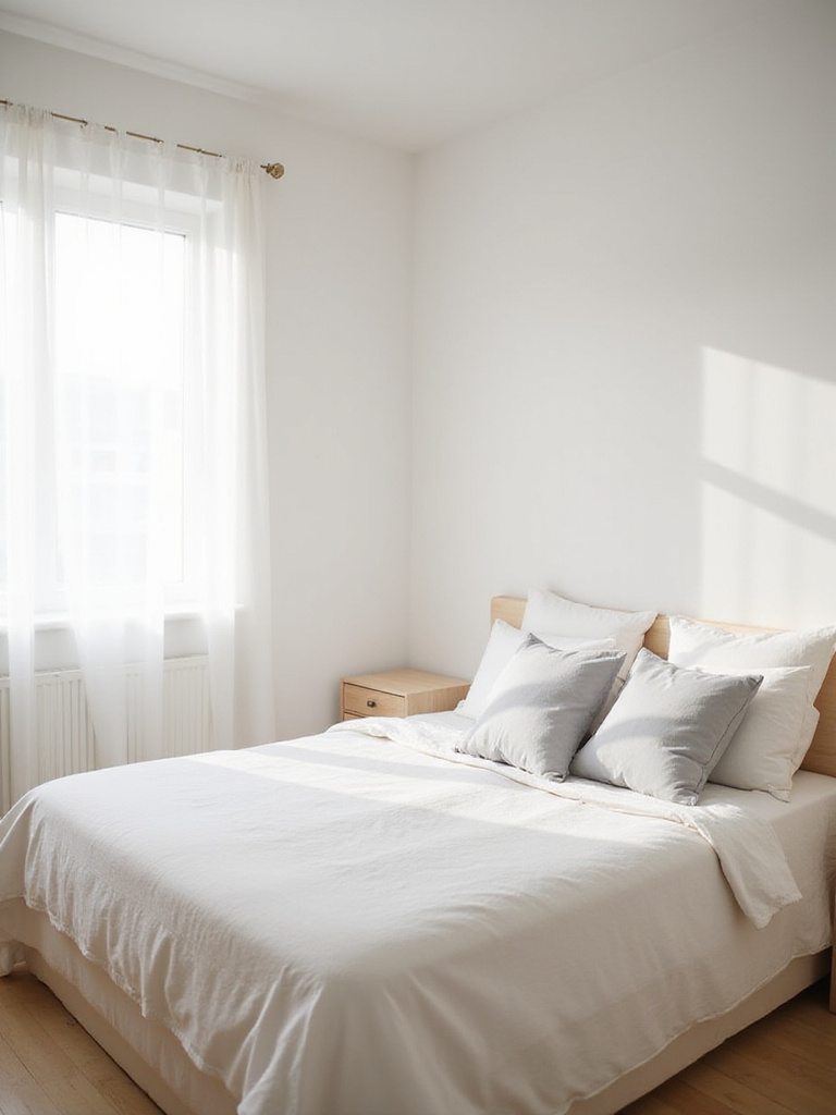 Small bedroom design with bright white color palette to maximize space and create an airy feel.