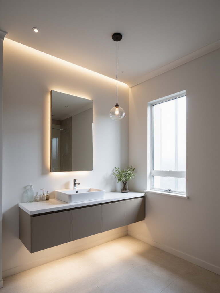 Budget-friendly bathroom lighting featuring LED strip lights, recessed lighting, and a pendant light.