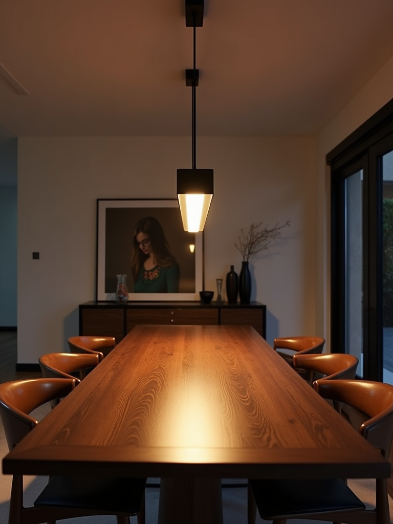 Contemporary dining room with linear pendant light over dining table