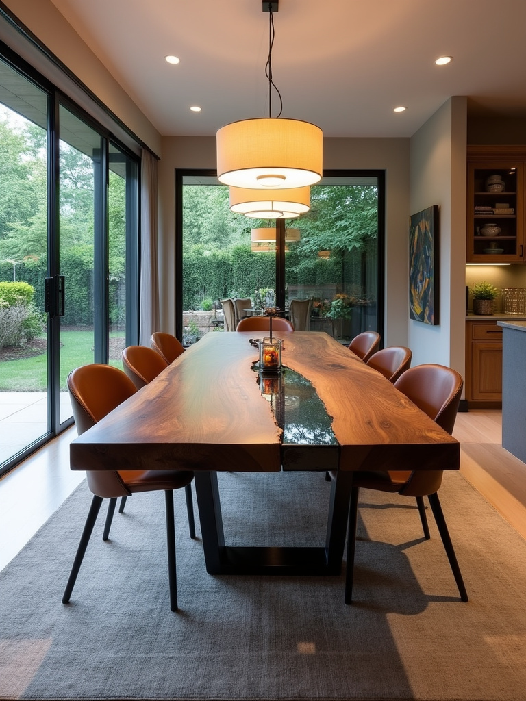Live edge walnut dining table with black metal chairs in a modern dining room.