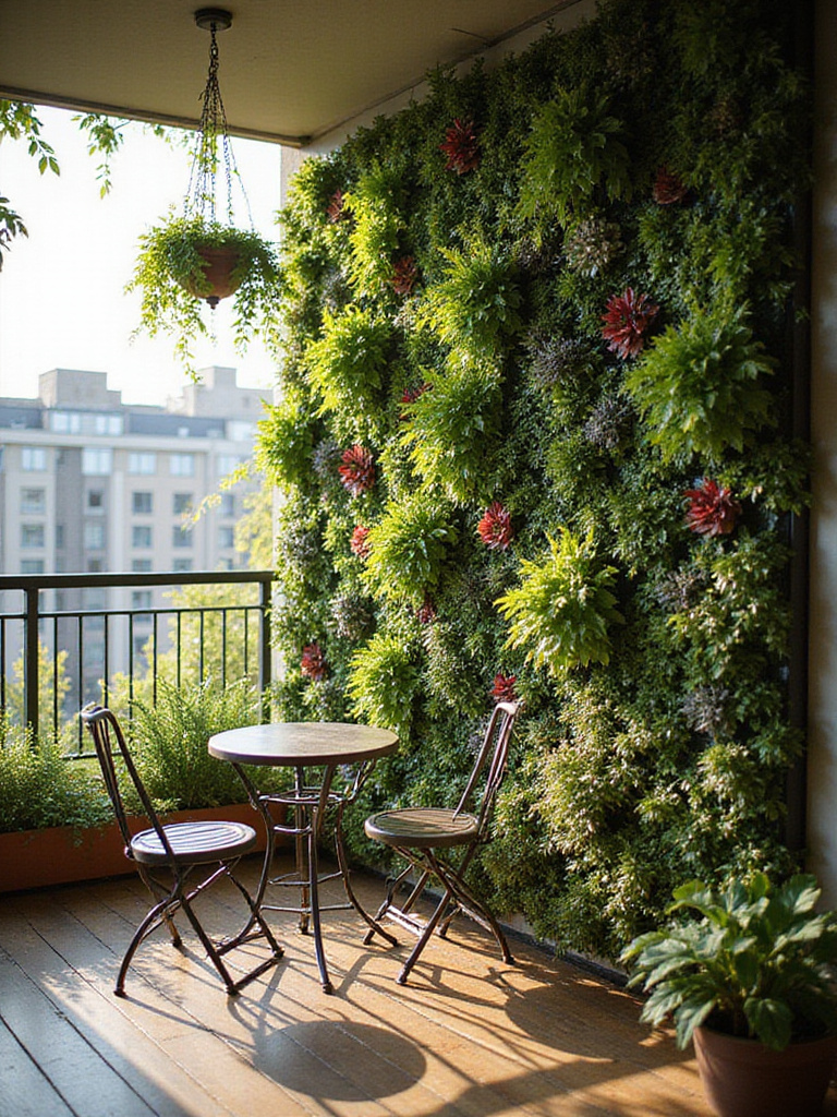 Lush green living wall on an apartment balcony, creating a vertical garden.