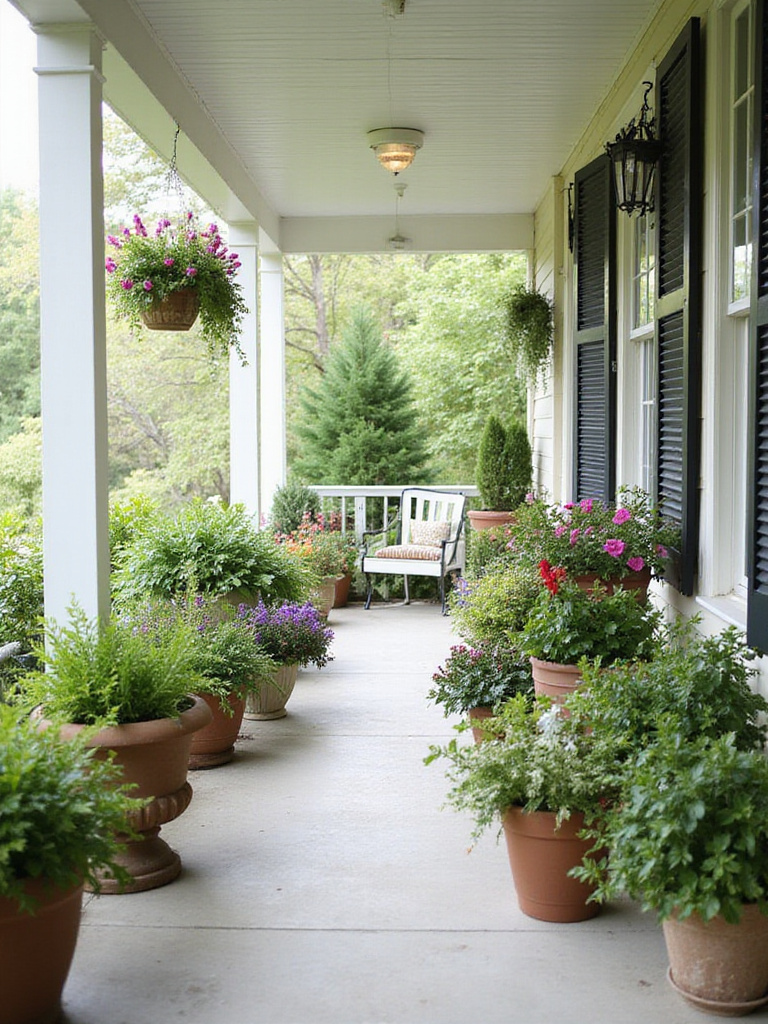 Lush planters overflowing with greenery and blooms on a welcoming porch.