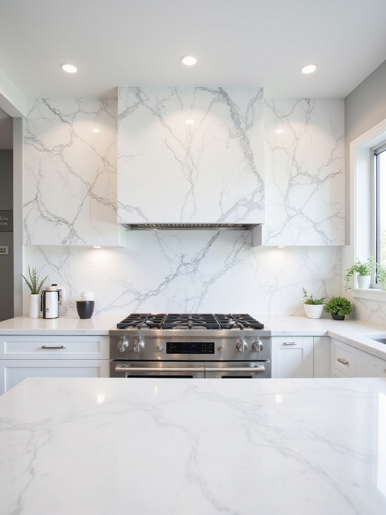 Luxurious kitchen with white marble backsplash featuring grey veining.