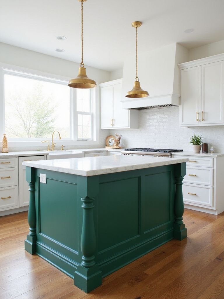 Emerald green kitchen island with white cabinets and gold hardware