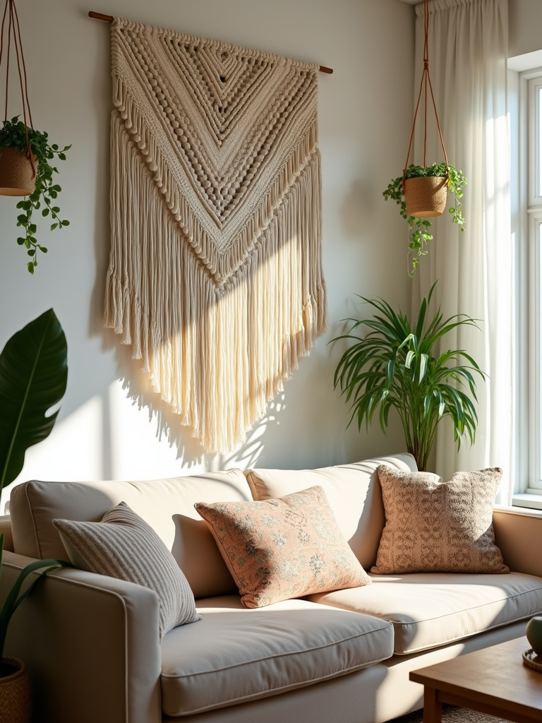 Boho living room with large macrame wall hanging behind sofa