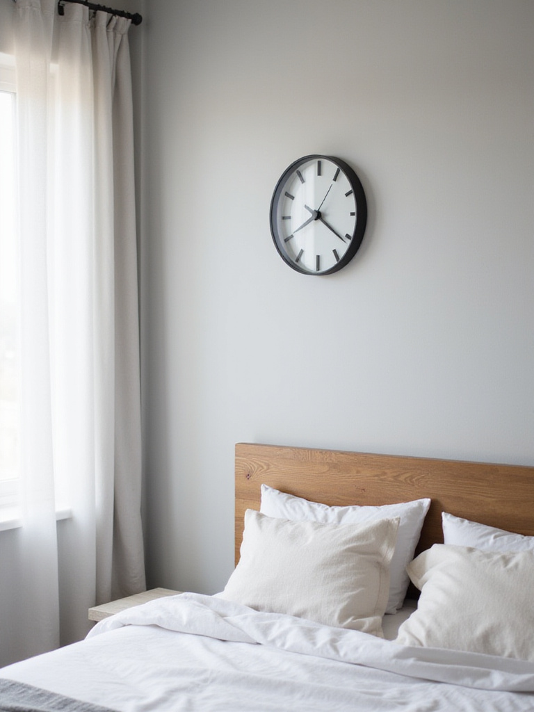 Modern bedroom with a large, minimalist statement clock above the headboard.