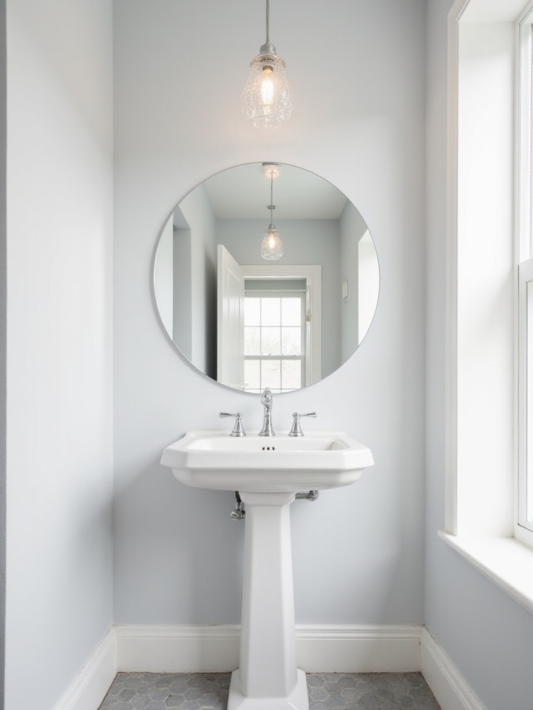 Small bathroom with a pendant light hanging above a pedestal sink, creating the illusion of height.