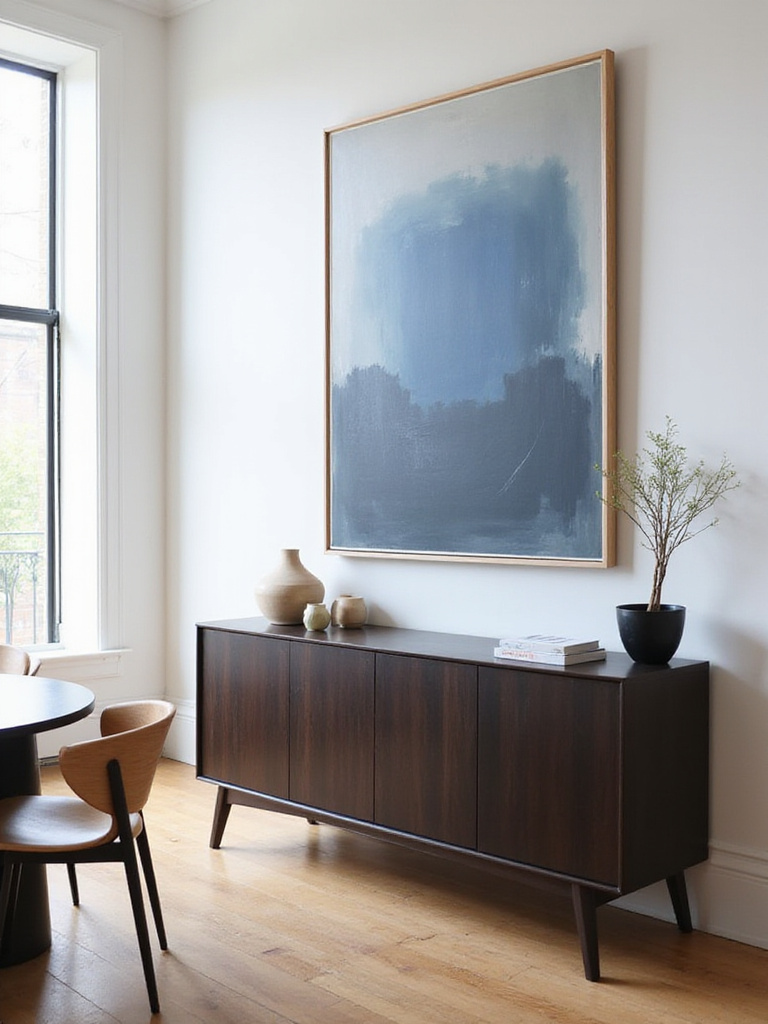 Modern dining room with oversized abstract art above a sideboard