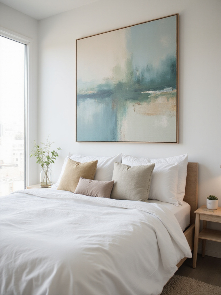 Modern bedroom with oversized abstract canvas art above the bed