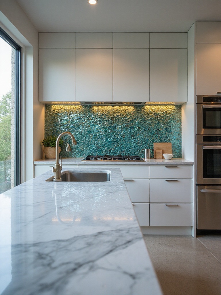 Luxury kitchen with a custom iridescent glass mosaic backsplash that resembles ocean waves.