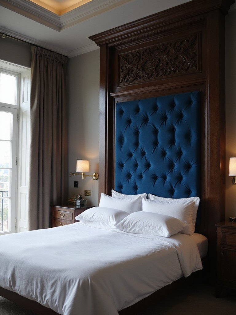 Luxury bedroom featuring a bespoke dark wood and blue velvet headboard as a focal point.