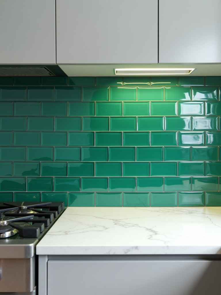 Modern kitchen with bold emerald green glass tile backsplash.