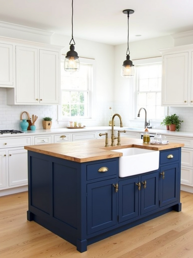 Farmhouse kitchen with contrasting navy blue island cabinet and butcher block countertop.
