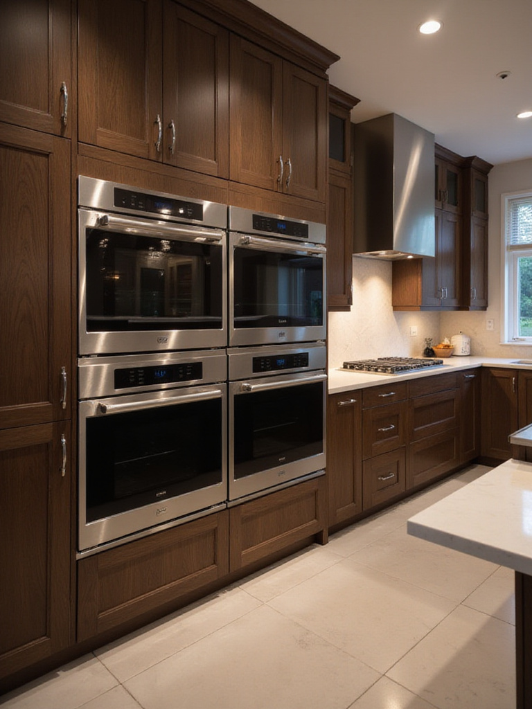 Luxury kitchen with stainless steel double ovens integrated into dark wood cabinetry.