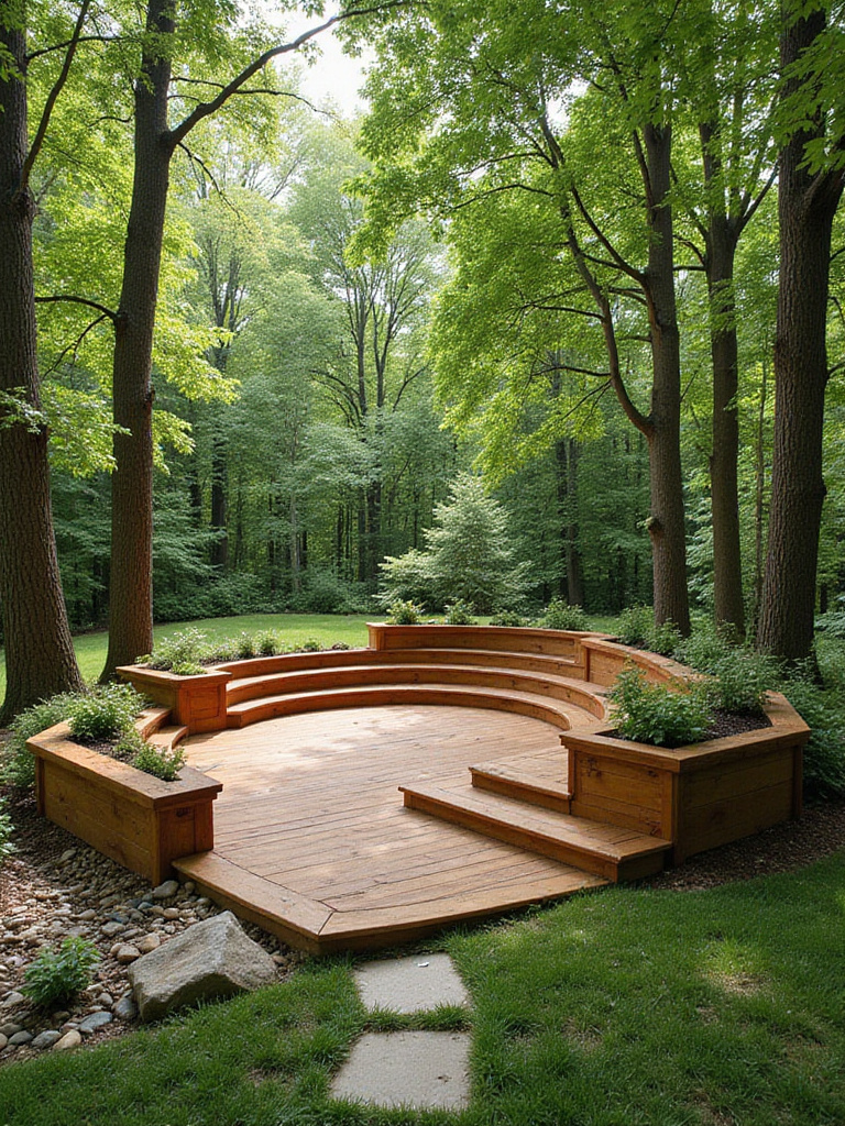 Deck seamlessly integrated with natural landscape featuring mature trees, multi-level design, and stone pathway.