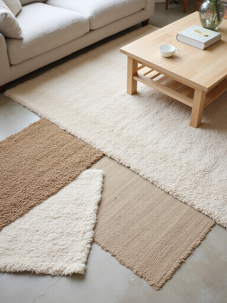 Various rug materials including wool, jute, nylon, and cotton displayed in a living room setting.