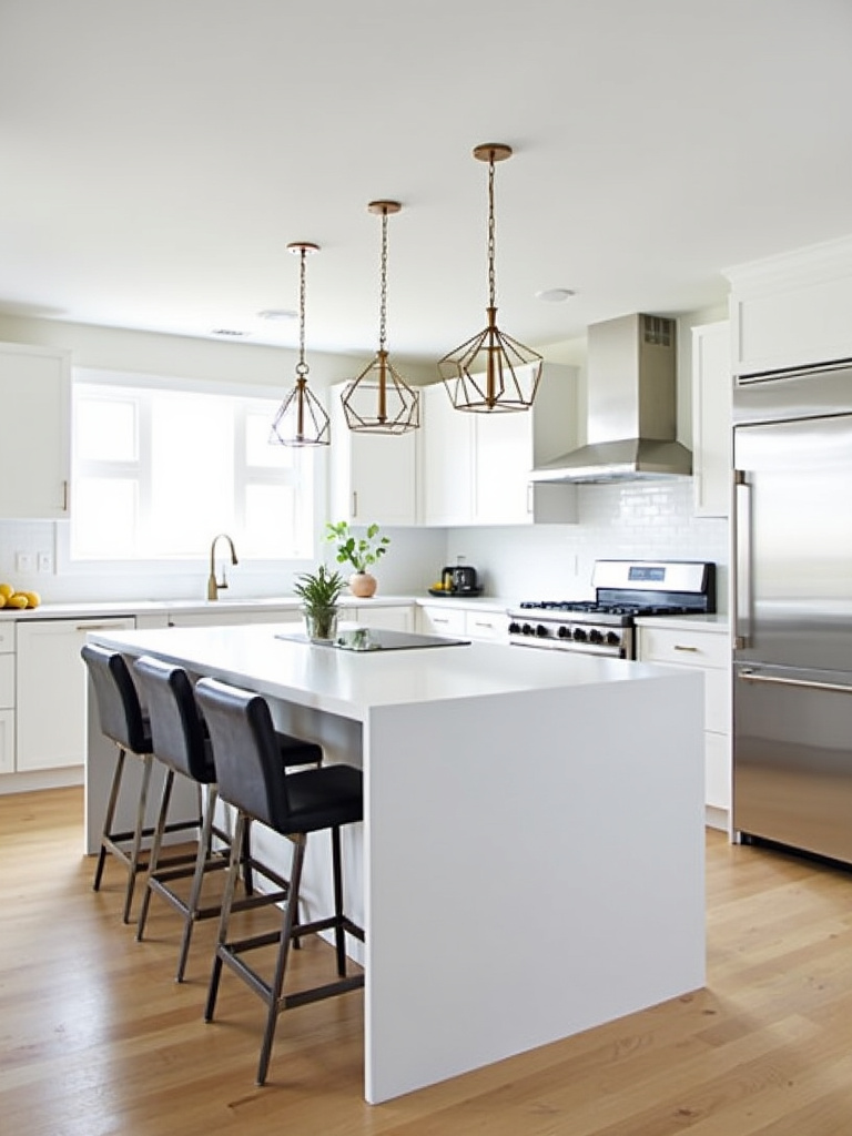 Modern kitchen island with cooktop and waterfall countertop