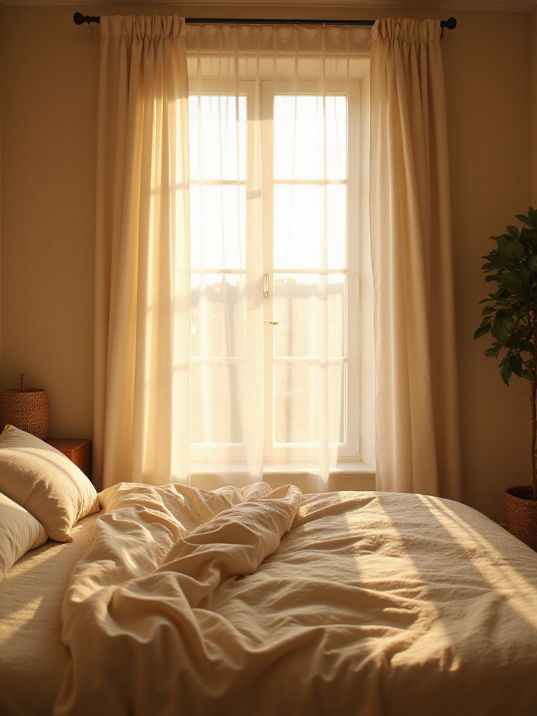 Cozy bedroom with soft natural light filtering through sheer curtains.