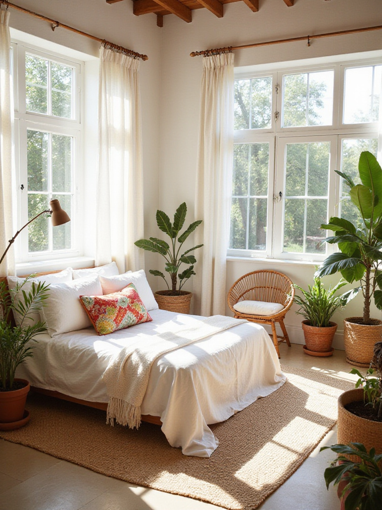 Bright and airy boho bedroom with large windows and sheer curtains, maximizing natural light.