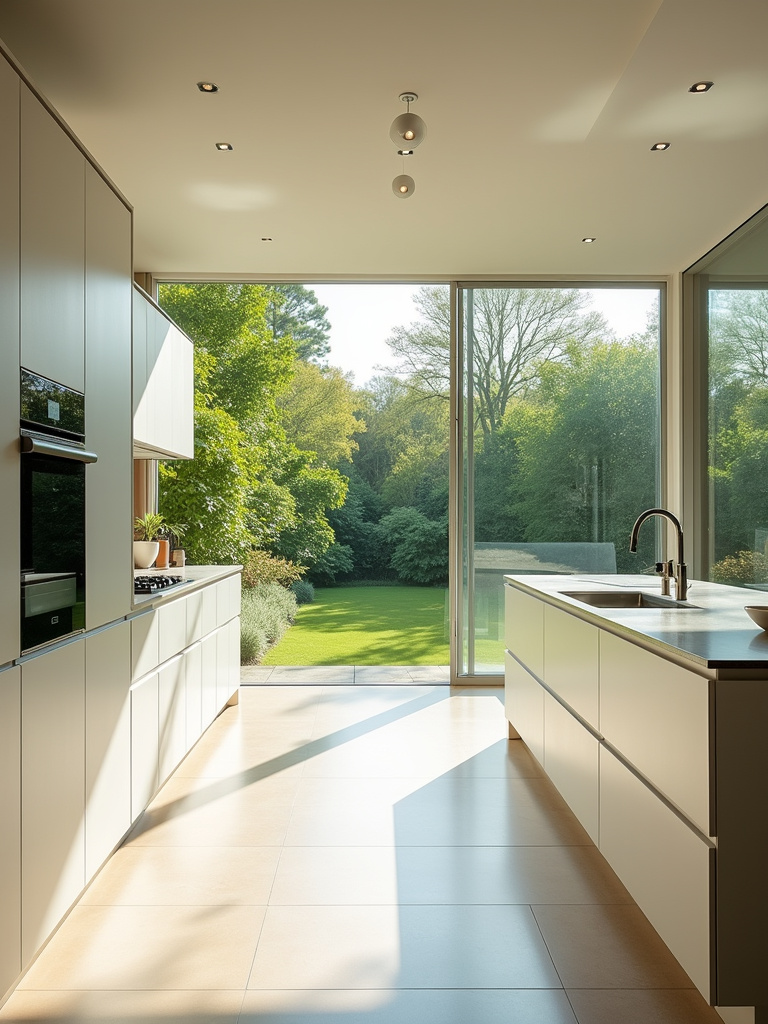 Modern kitchen with large windows maximizing natural light and garden view