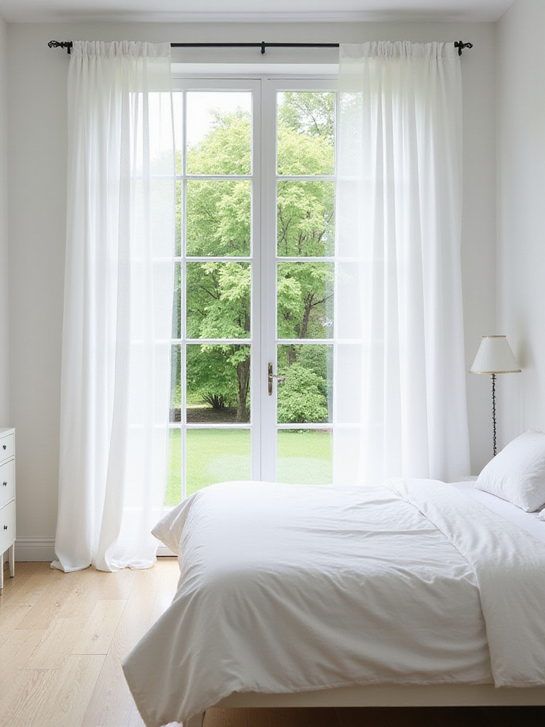 Bright white bedroom with large windows and sheer curtains maximizing natural light.
