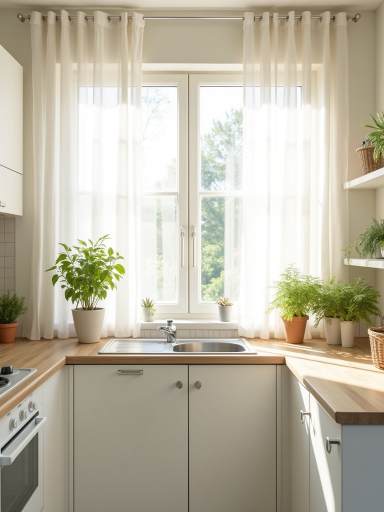Apartment kitchen with sheer curtains maximizing natural light