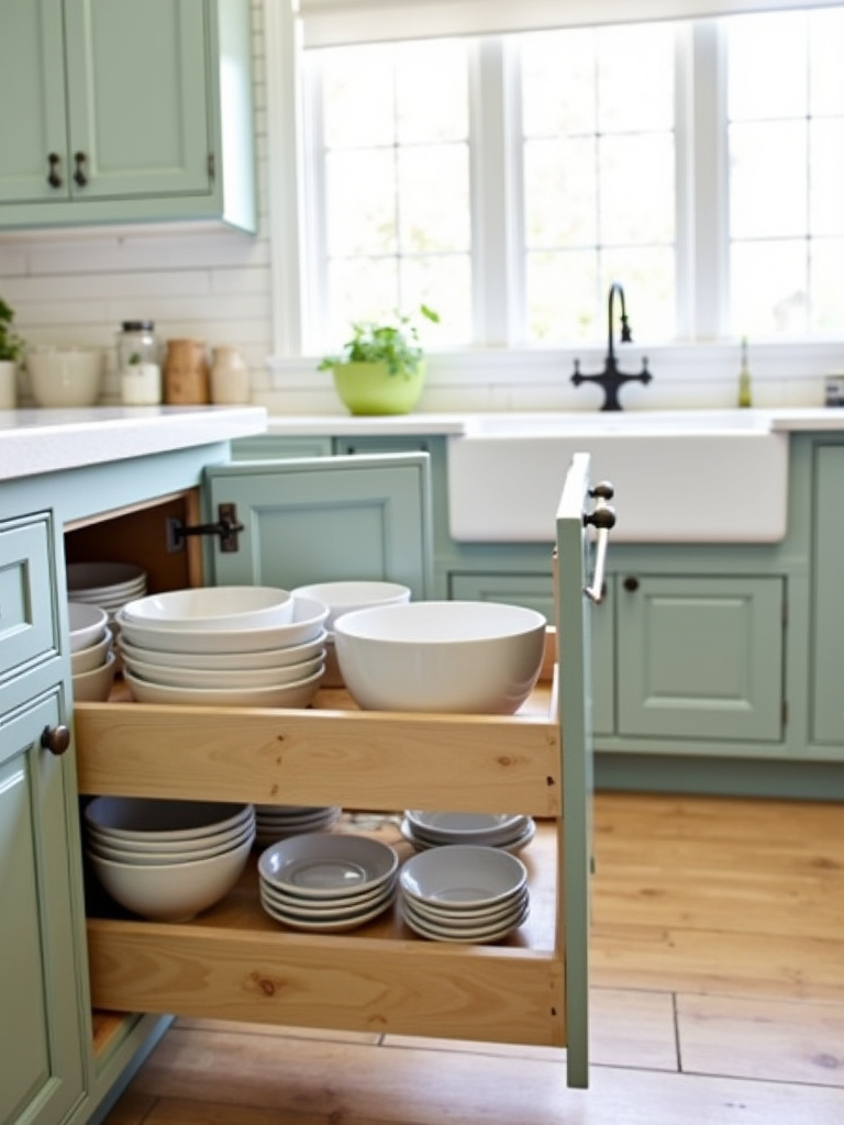 Farmhouse kitchen cabinet with pull-out organizer showcasing dishes
