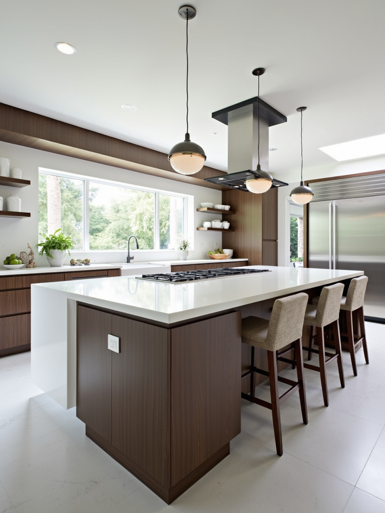 Modern kitchen with a large island featuring a waterfall countertop, cooktop, and seating.