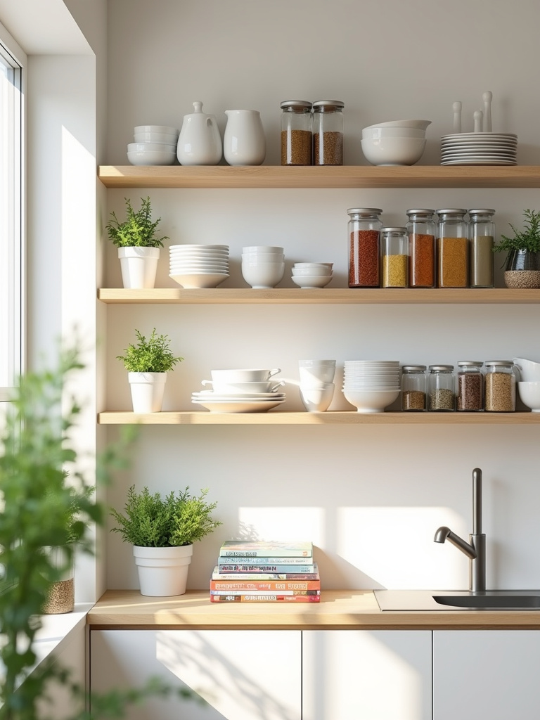Apartment kitchen with chic open shelving displaying dishware, spices, herbs, and cookbooks to maximize vertical space.
